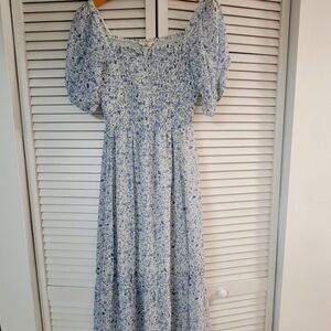 Romantic  Smocked Floral Sheer Blue Midi Dress Puff Sleeves Medium Size  Lining